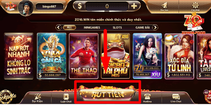 Hướng Dẫn Rút Tiền ZOWIN Chỉ Trong 3 Bước Đơn Giản 1 Chọn mục “Rút tiền” hiển thị ngay màn hình chính